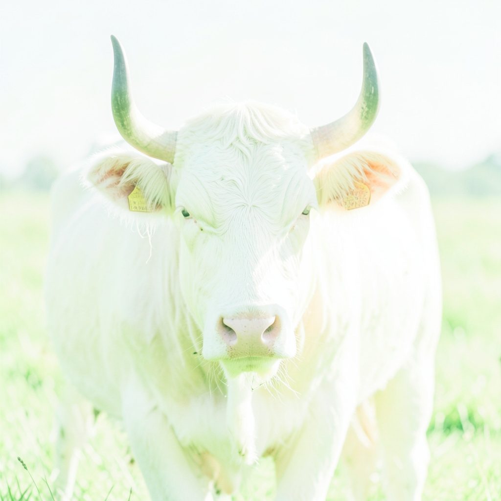 Bright airy illustration of a stylized cow mascot logo in green and white tones, playful mood